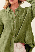 BiBi Raw Edge Detailed Mineral Washed Loose Fit Shirt - LoveNest Treasures