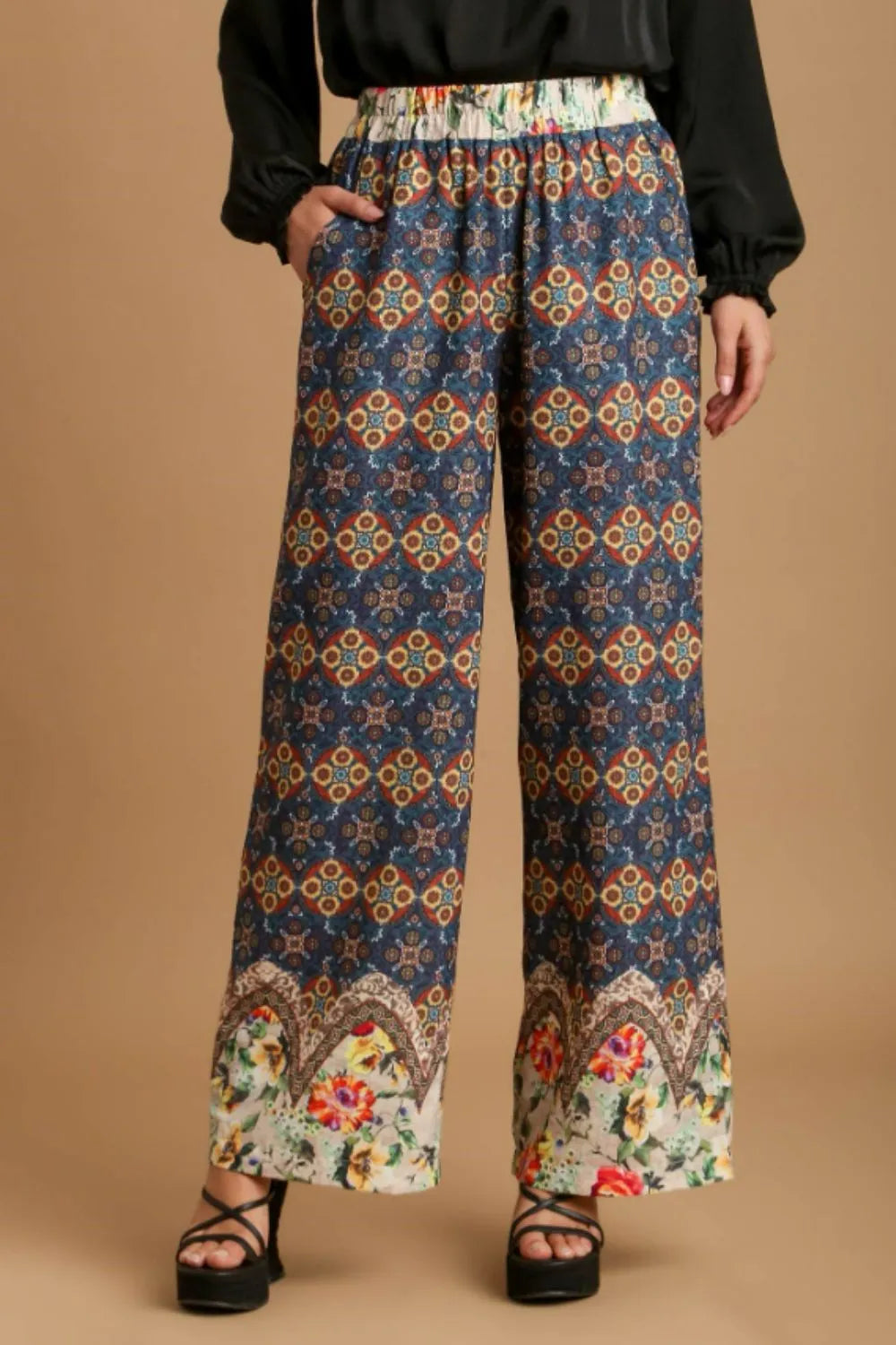 Umgee Full Size Mixed Print Elastic Waistband Pants Plus Size - LoveNest Treasures