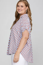 She + Sky Full Size Printed Johnny Collar Short Sleeve Blouse Plus Size - LoveNest Treasures