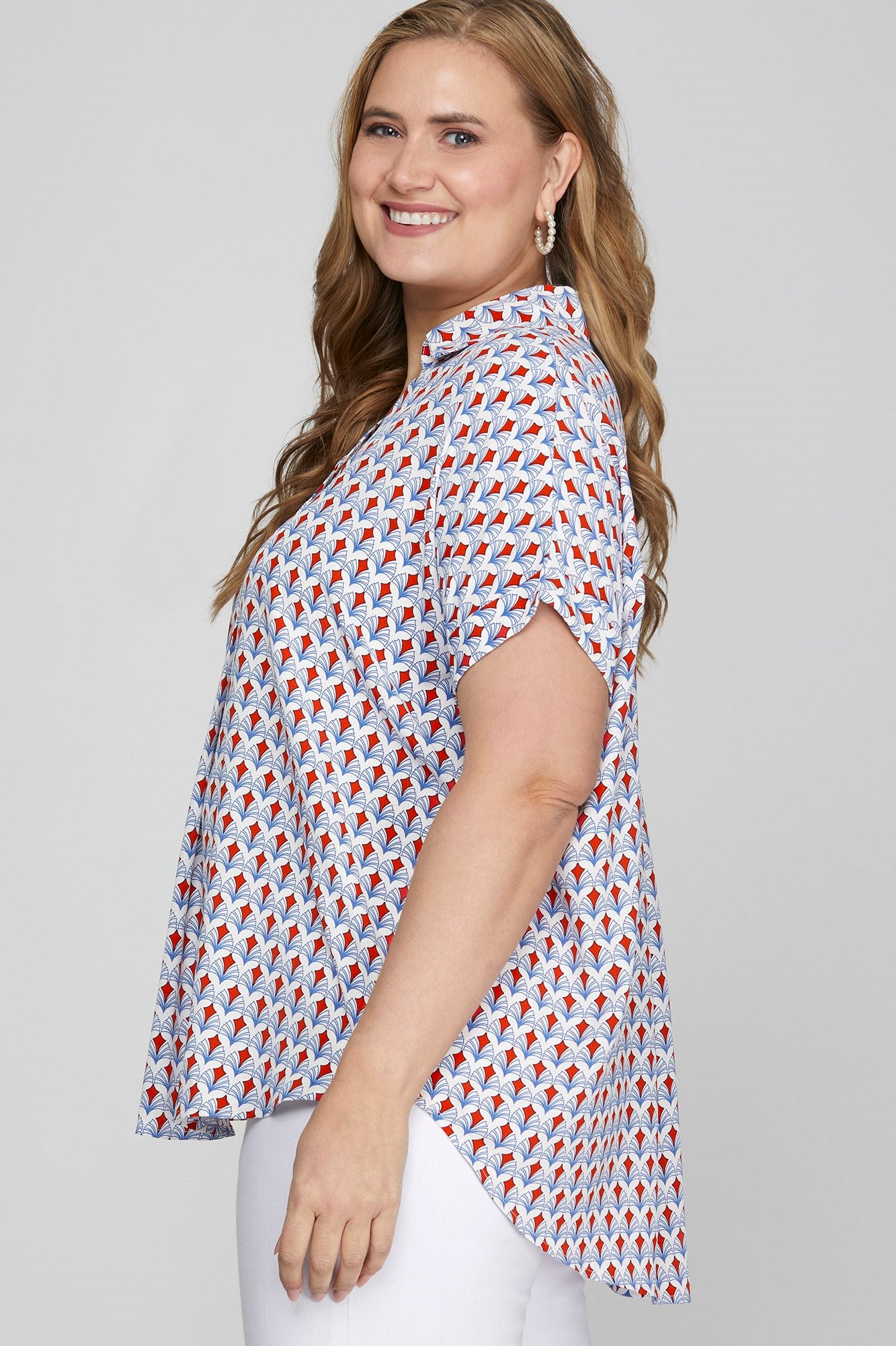She + Sky Full Size Printed Johnny Collar Short Sleeve Blouse Plus Size - LoveNest Treasures