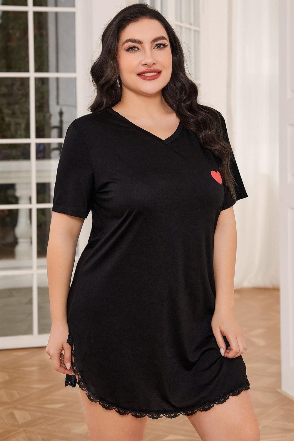 Plus Size Lace Trim V-Neck Short Sleeve Night Dress - LoveNest Treasures