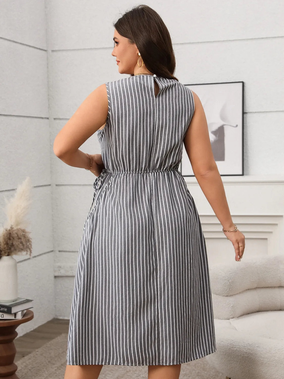 Plus Size Striped Round Neck Sleeveless Dress - LoveNest Treasures