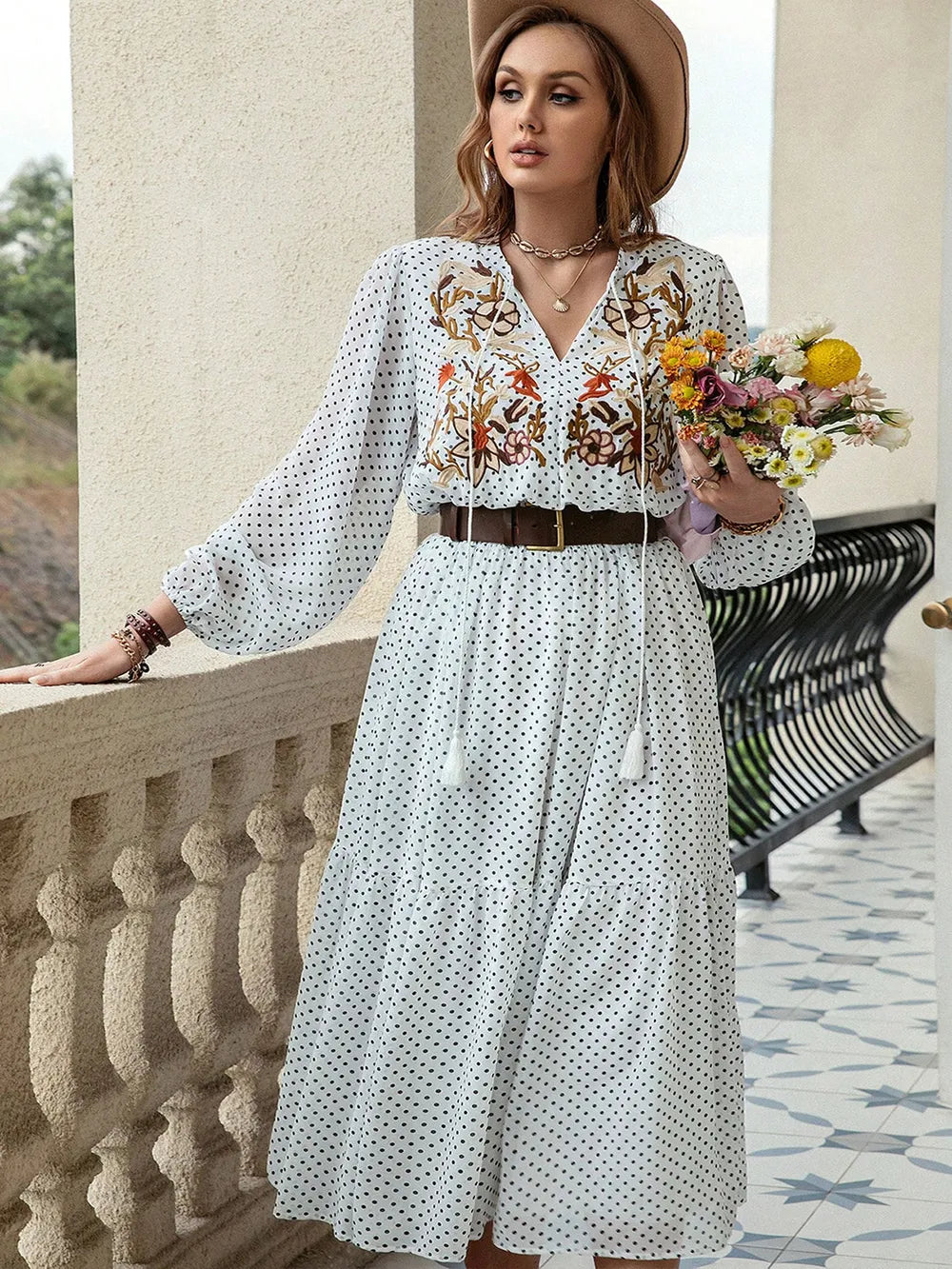 Plus Size Printed Tie Neck Long Sleeve Midi Dress - LoveNest Treasures