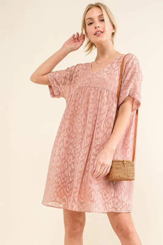 And The Why Woven Leopard Baby Doll Roll-Sleeve Casual Dress - LoveNest Treasures