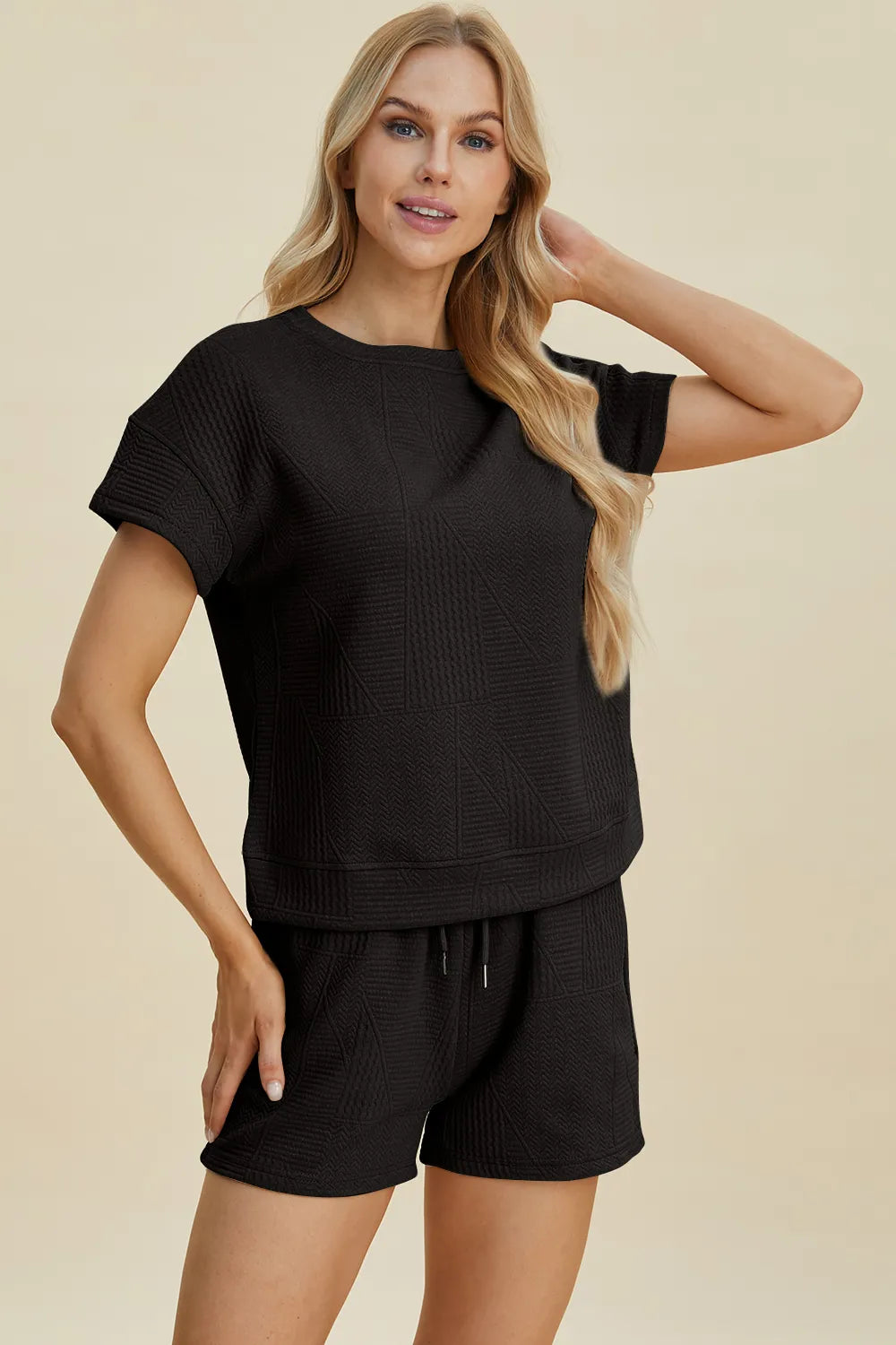 Double Take Full Size Texture Short Sleeve Top and Shorts Set - LoveNest Treasures