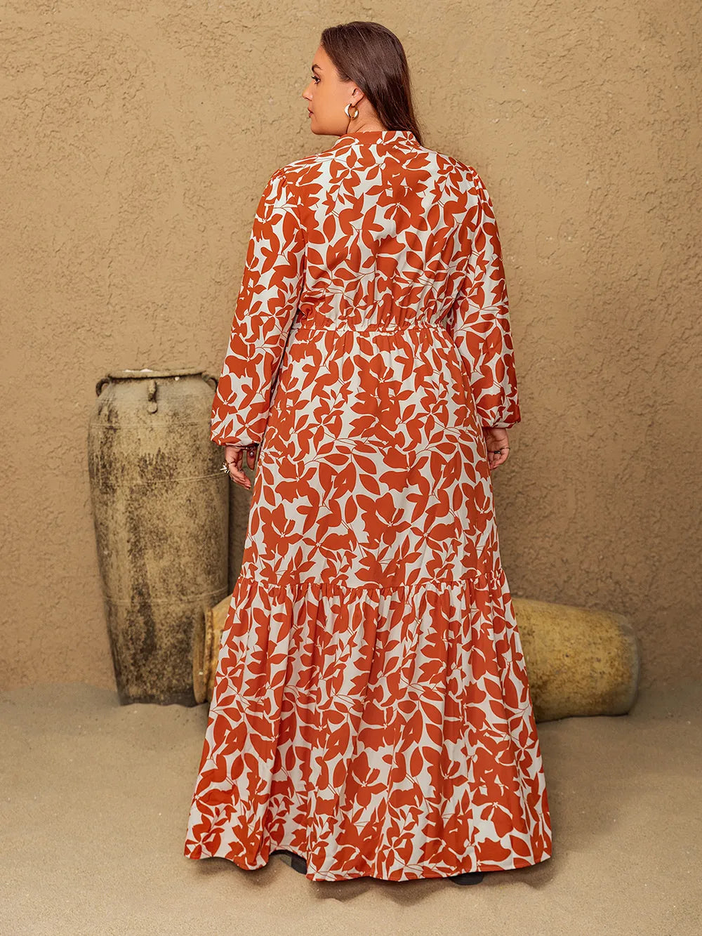 Plus Size Printed Notched Long Sleeve Maxi Dress - LoveNest Treasures