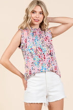 Lime 'N' Chili Full Size Graphic Print Ruffle Trim Mock Neck Sleeveless Top Plus Size - LoveNest Treasures