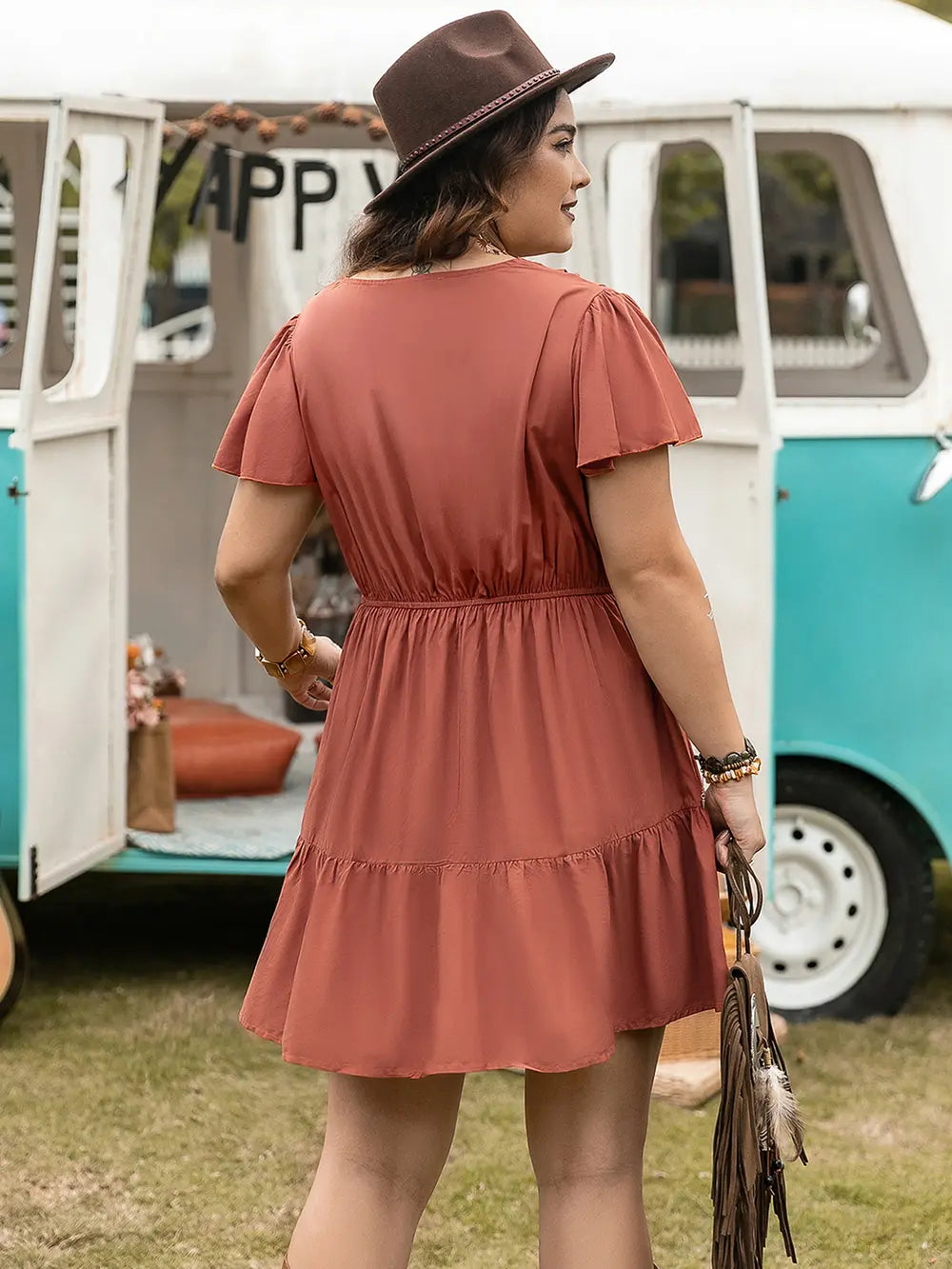 Plus Size Ruffle Hem V-Neck Short Sleeve Dress - LoveNest Treasures