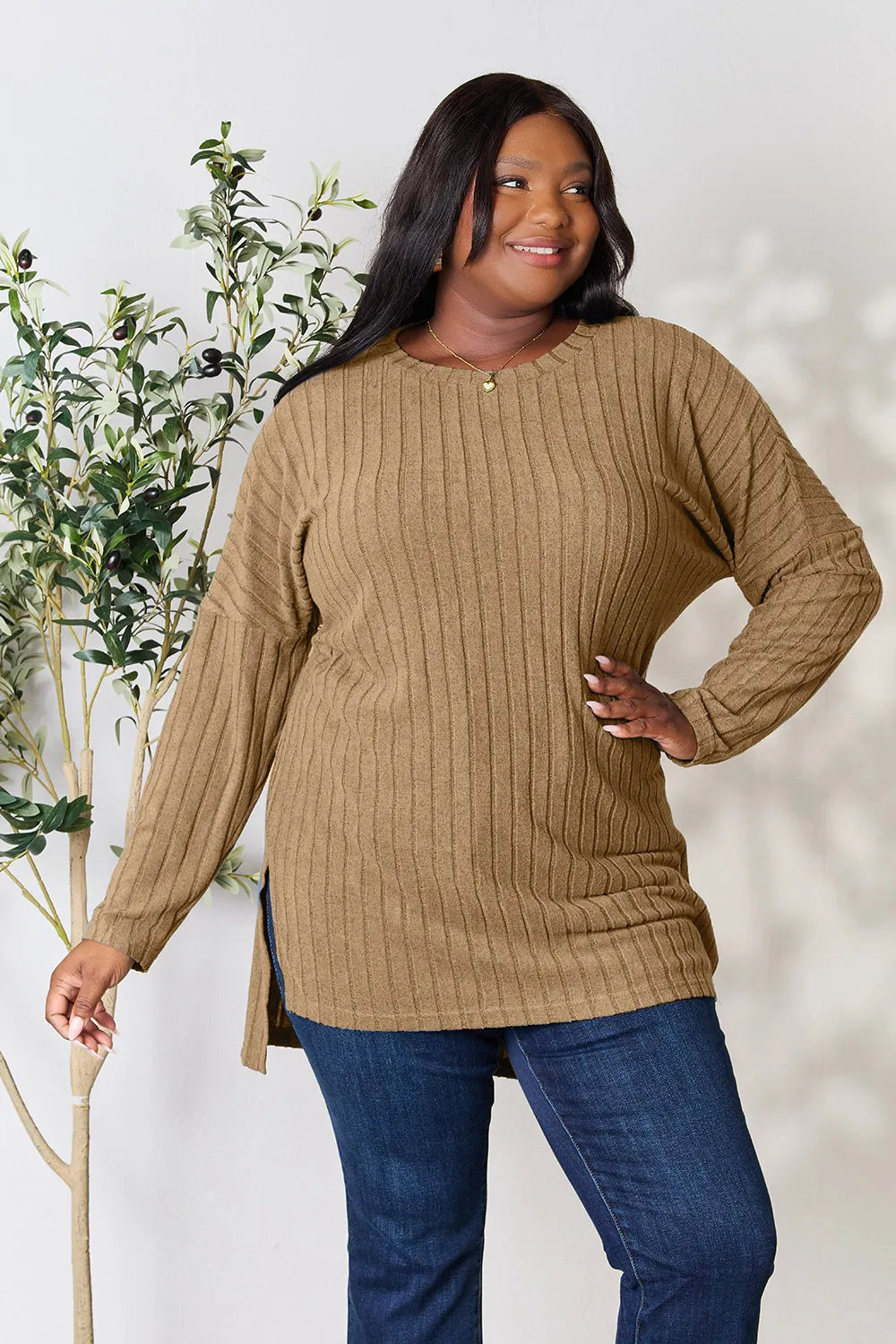 Basic Bae Full Size Ribbed Round Neck Long Sleeve Slit Top - LoveNest Treasures