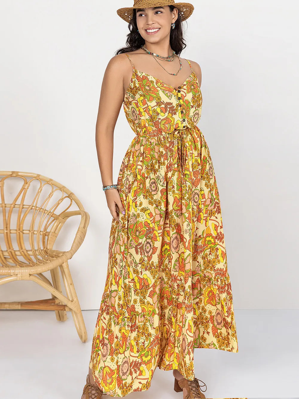 Plus Size Printed V-Neck Maxi Cami Dress - LoveNest Treasures