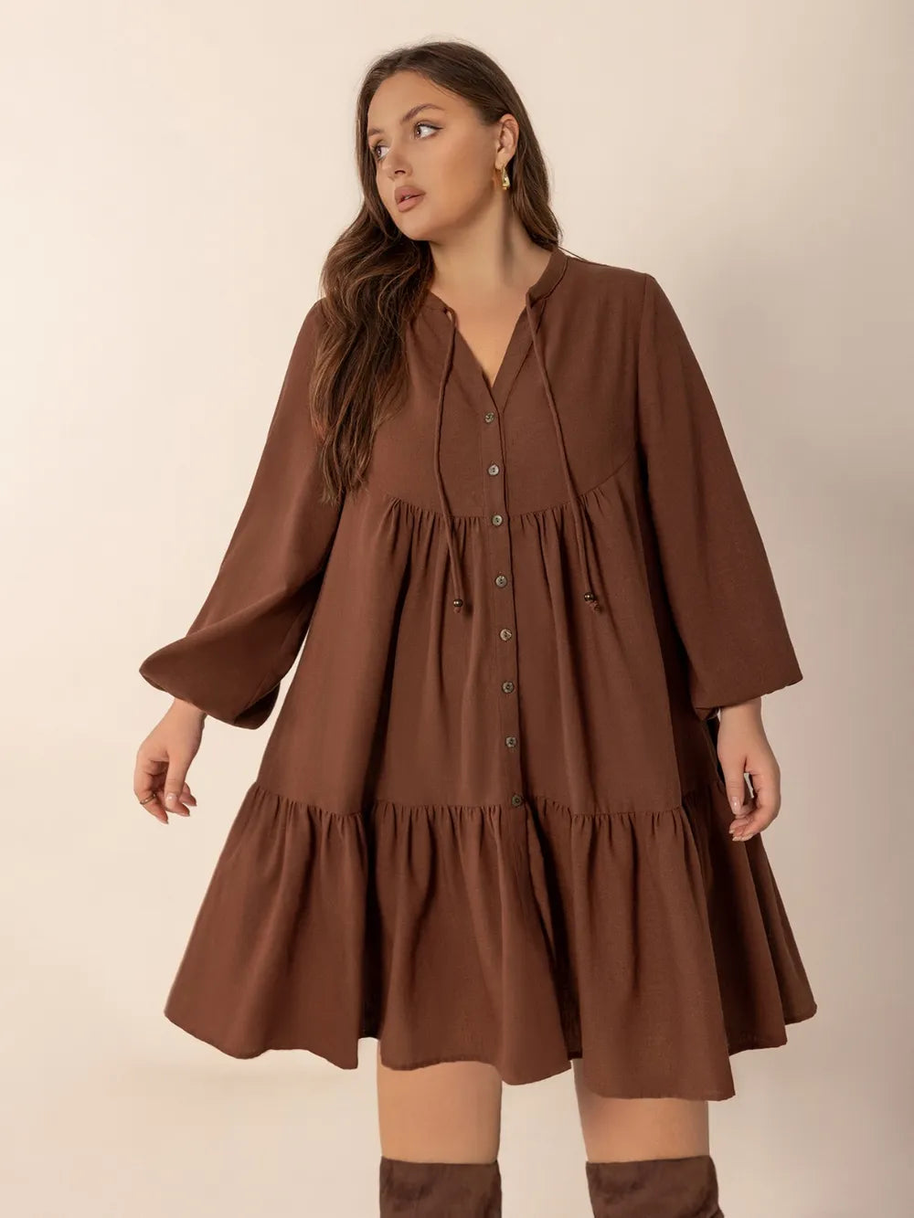 Plus Size Tie Neck Balloon Sleeve Tiered Dress - LoveNest Treasures