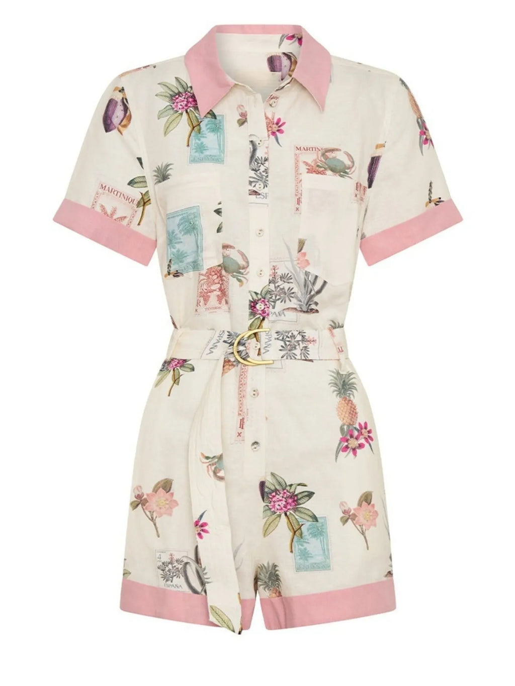 Printed Short Sleeve Romper with Belt - LoveNest Treasures