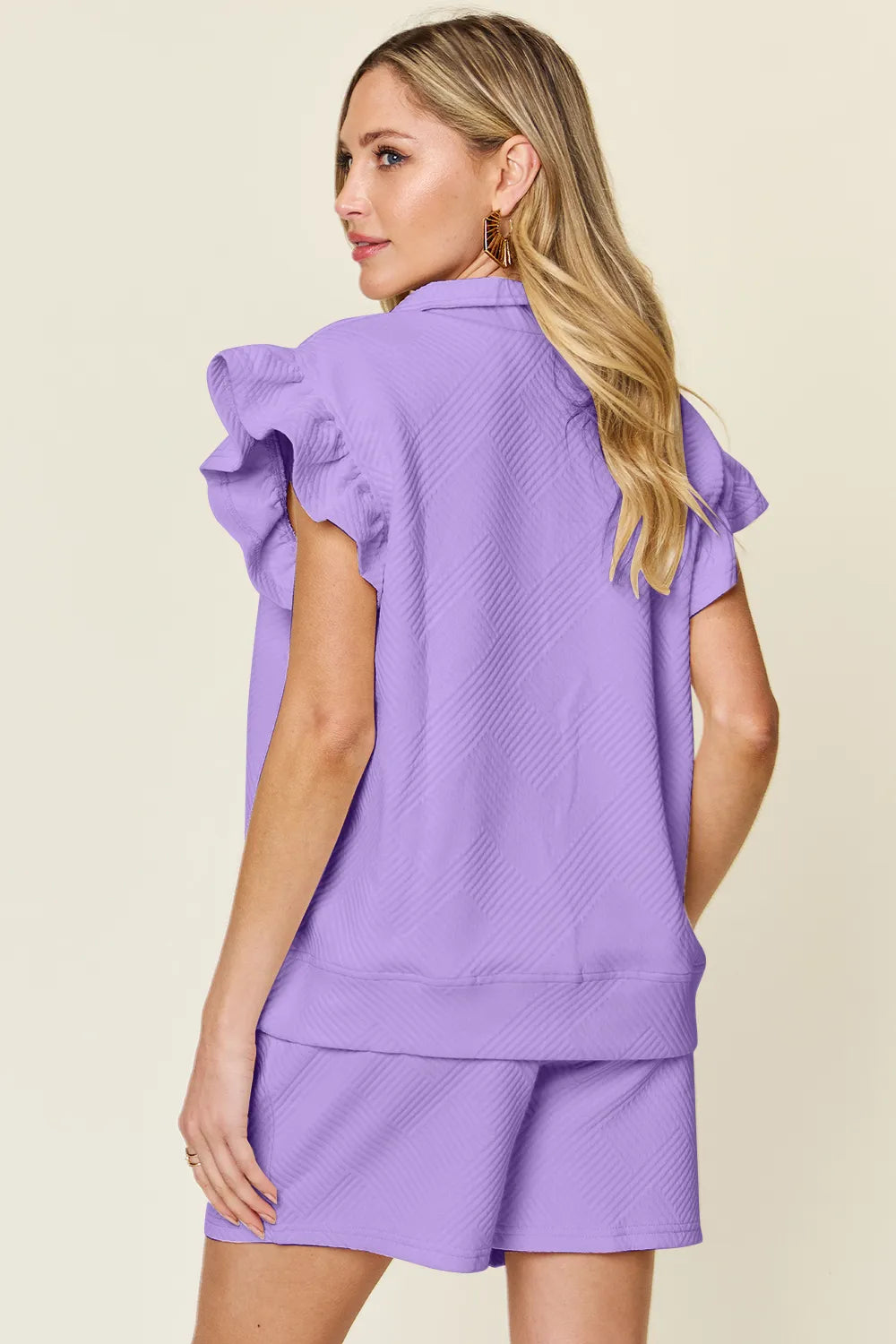 Double Take Full Size Texture Flounce Sleeve Top and Drawstring Shorts Set - LoveNest Treasures