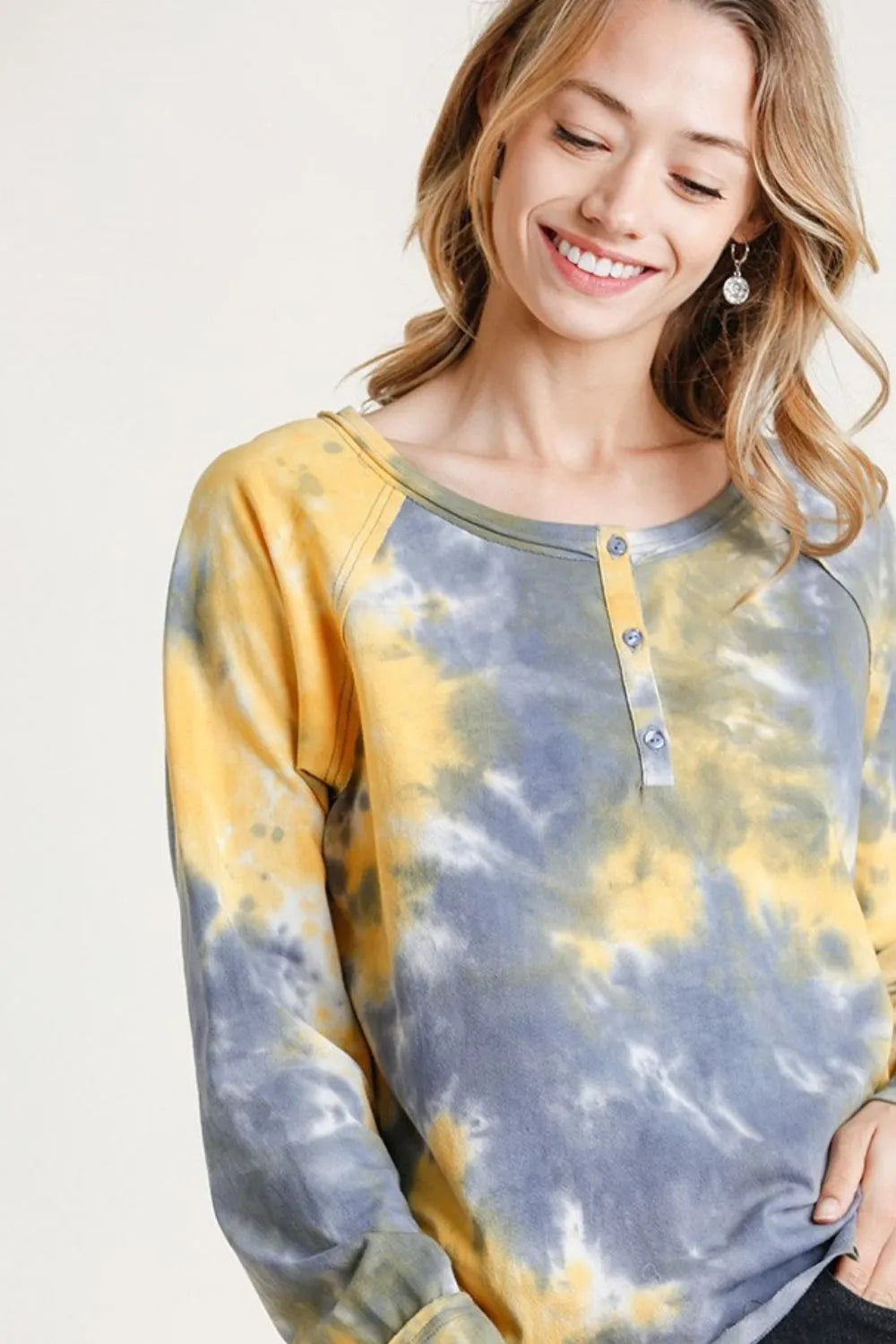 Umgee Full Size Tie Dye Button Front Long Raglan Sleeve Top Plus Size - LoveNest Treasures