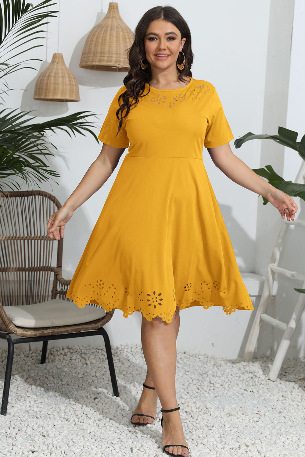 Plus Size Round Neck Openwork Dress - LoveNest Treasures
