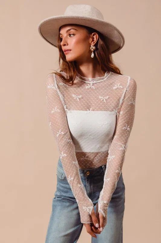 SO ME Bow Ribbon Pattern Sheer Lace Top - LoveNest Treasures