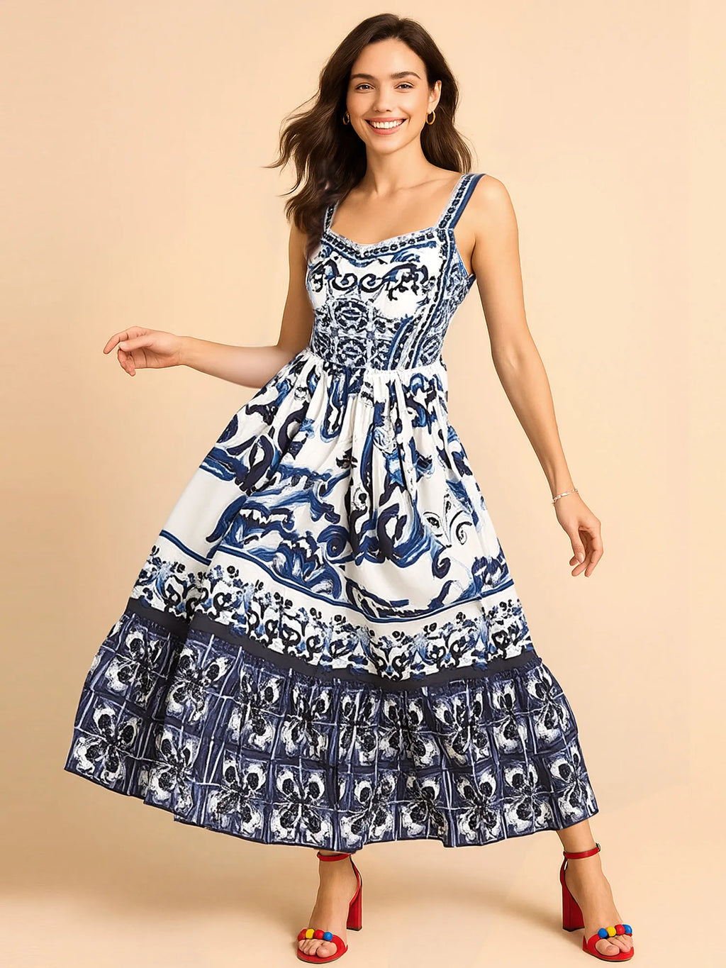 Full Size Printed Sweetheart Neck Maxi Cami Dress Plus Size - LoveNest Treasures
