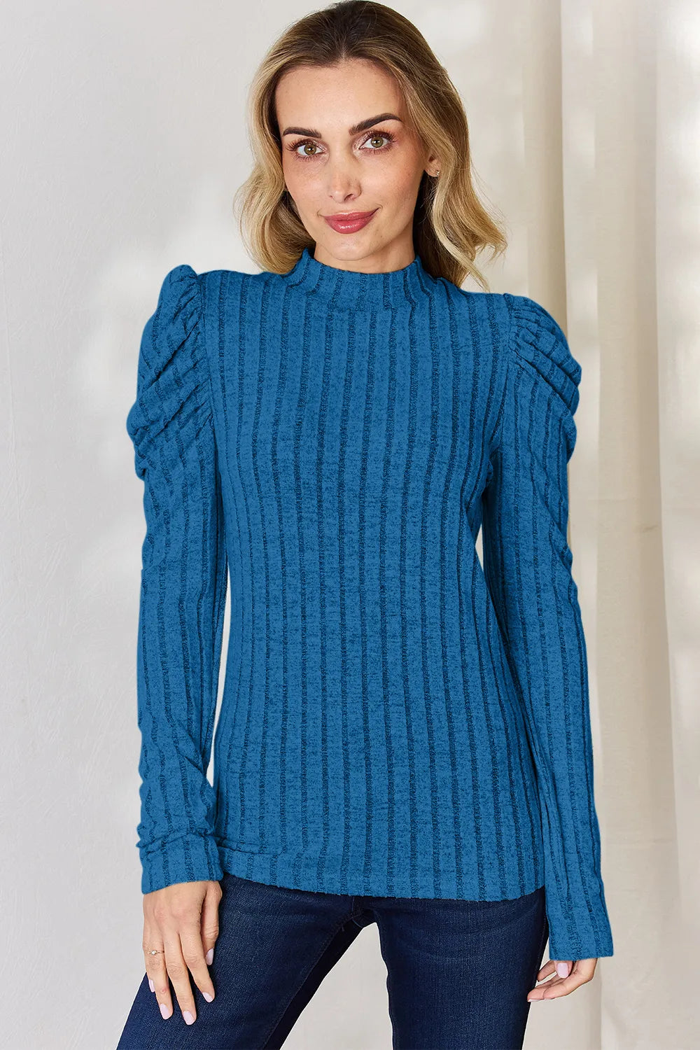 Basic Bae Full Size Ribbed Mock Neck Puff Sleeve T-Shirt - LoveNest Treasures