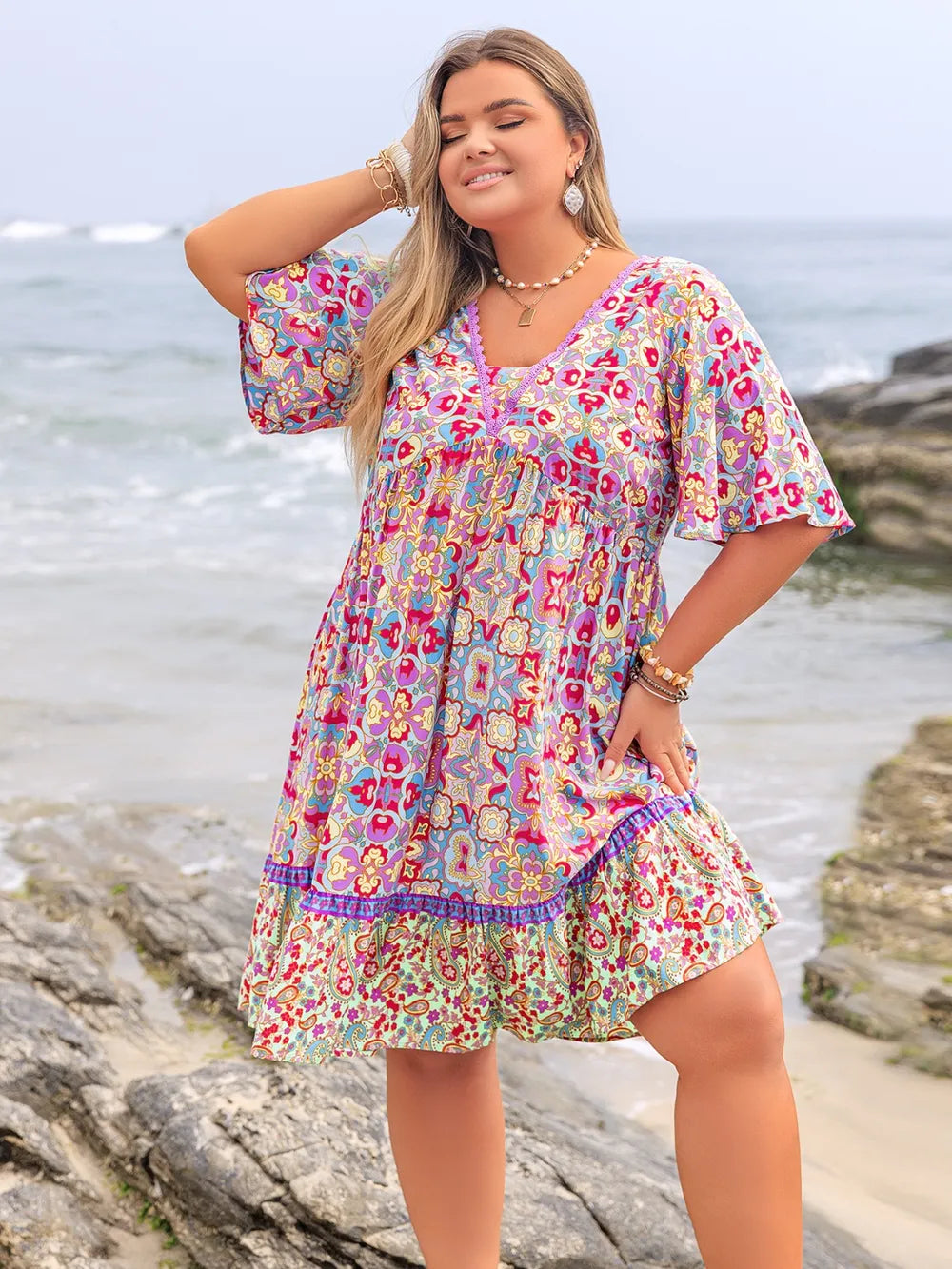Plus Size Lace Detail Printed Half Sleeve Dress - LoveNest Treasures