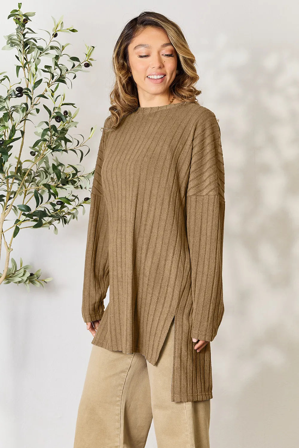 Basic Bae Full Size Ribbed Round Neck Long Sleeve Slit Top - LoveNest Treasures