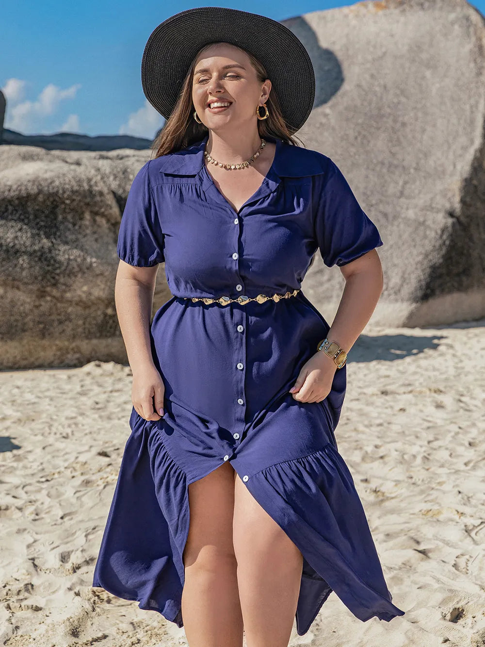 Plus Size Collared Neck Short Sleeve Midi Dress - LoveNest Treasures