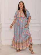 Plus Size Printed Tie Neck Flutter Sleeve Maxi Dress - LoveNest Treasures