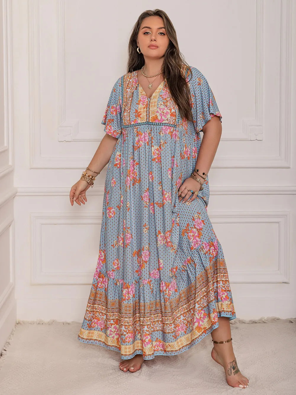 Plus Size Printed Tie Neck Flutter Sleeve Maxi Dress - LoveNest Treasures