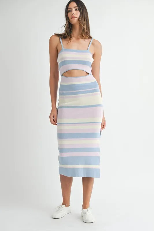 MABLE Multi Color Striped Front Cutout Knit Midi Dress - LoveNest Treasures