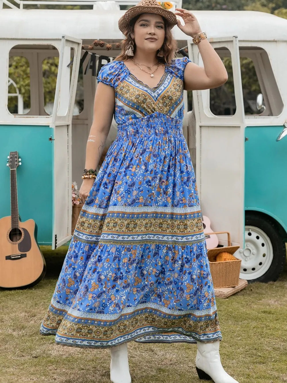 Plus Size Smocked Printed Cap Sleeve Dress - LoveNest Treasures