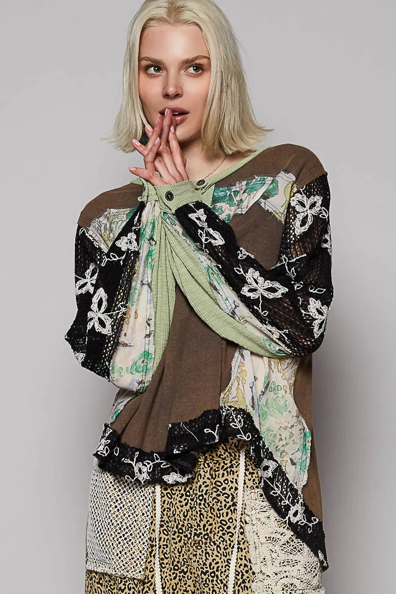 POL Button Detail Floral Patchwork Crochet Sleeve Blouse - LoveNest Treasures