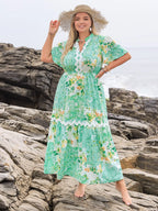 Plus Size Printed Notched Short Sleeve Maxi Dress - LoveNest Treasures