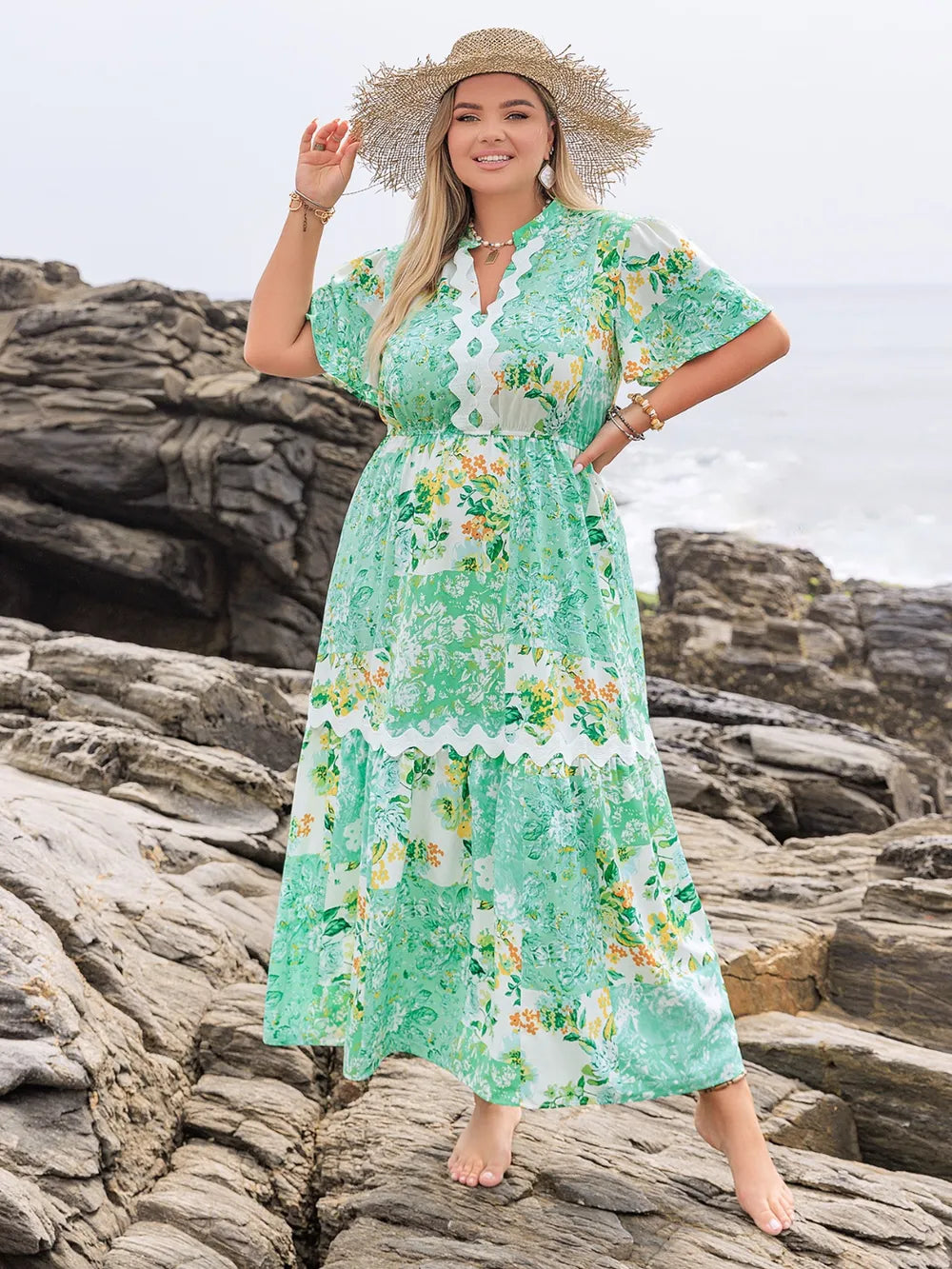 Plus Size Printed Notched Short Sleeve Maxi Dress - LoveNest Treasures