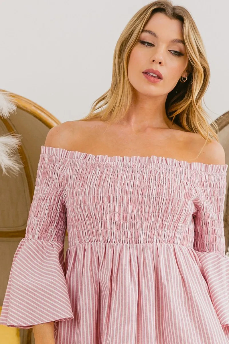 BiBi Smocked Off Shoulder Striped Dress - LoveNest Treasures