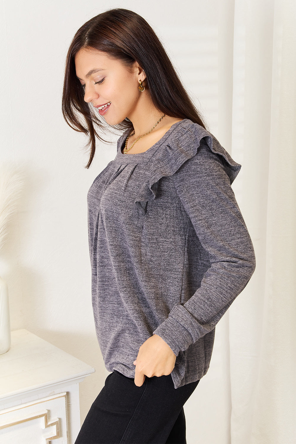 Double Take Square Neck Ruffle Shoulder Long Sleeve T-Shirt - LoveNest Treasures