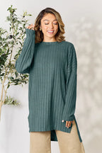 Basic Bae Full Size Ribbed Round Neck Long Sleeve Slit Top - LoveNest Treasures