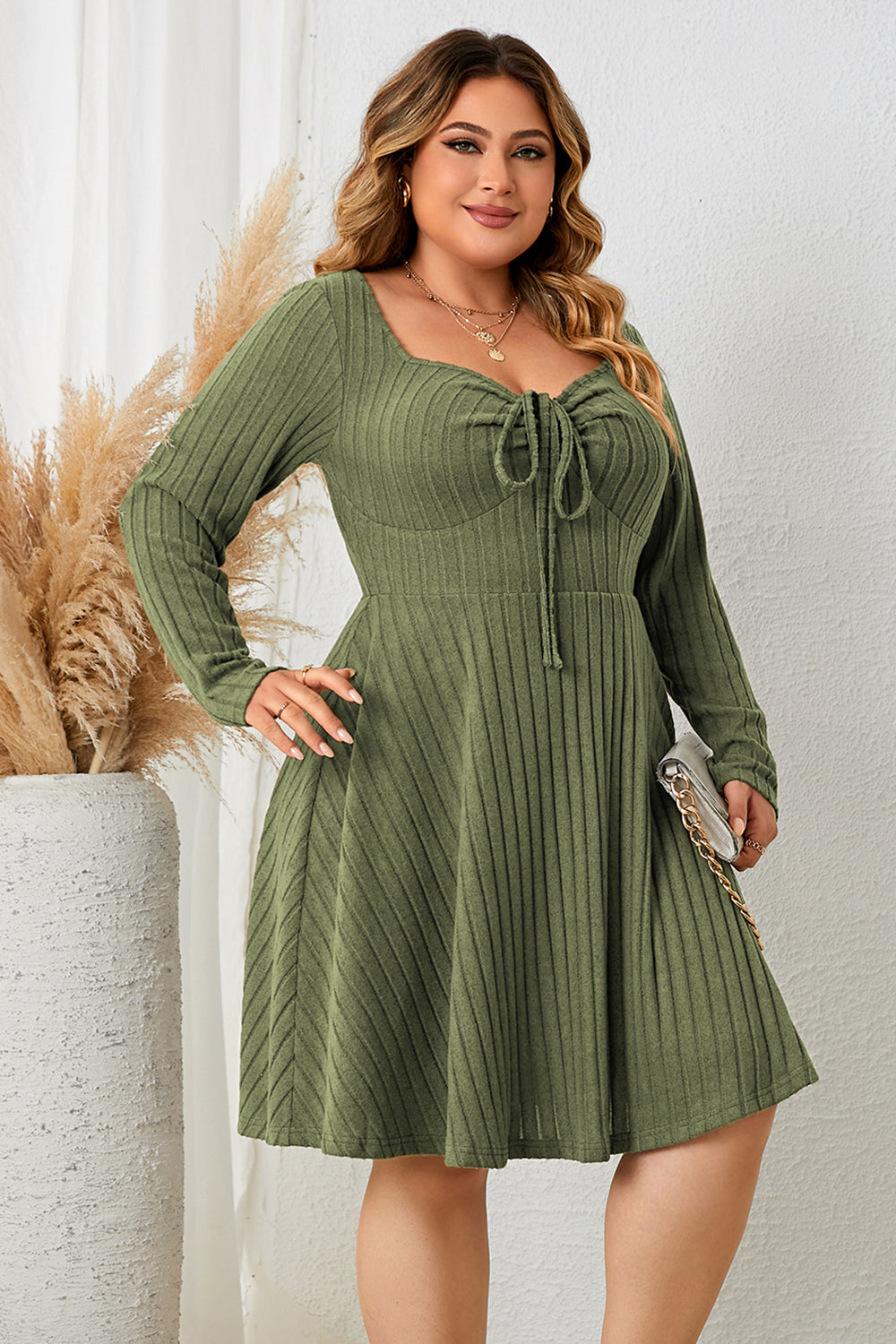 Honey Plus Size Sweetheart Neck Long Sleeve Ribbed Dress - LoveNest Treasures