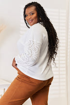 Shiny Eyelet Dropped Shoulder Round Neck Blouse - LoveNest Treasures