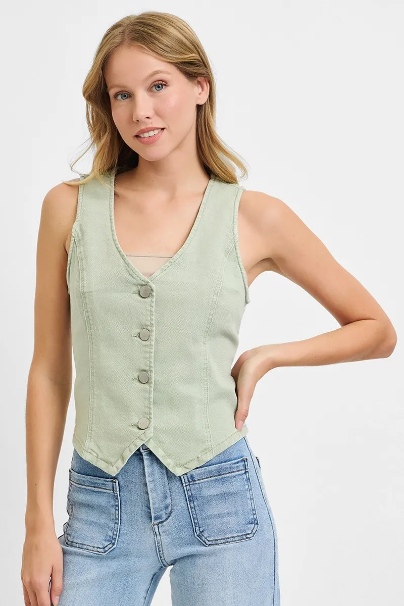 RISEN Full Size V Neck Button Down Vest Plus Size - LoveNest Treasures