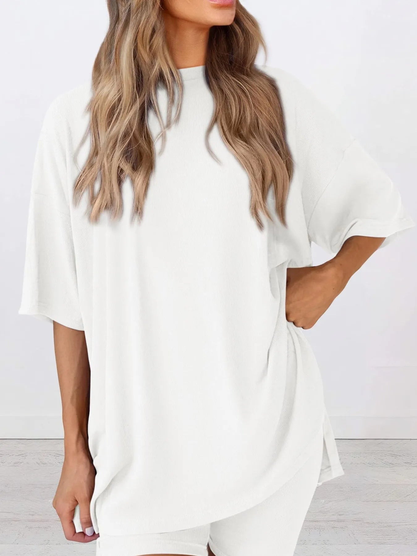 Full Size Oversized Round Neck Top and Shorts Set Plus Size - LoveNest Treasures