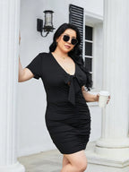 Plus Size Ruched Tied Short Sleeve Mini Dress - LoveNest Treasures