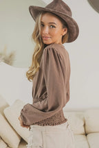 BiBi Smoking Waist Band and Puff Sleeves Deep V Neck Top - LoveNest Treasures