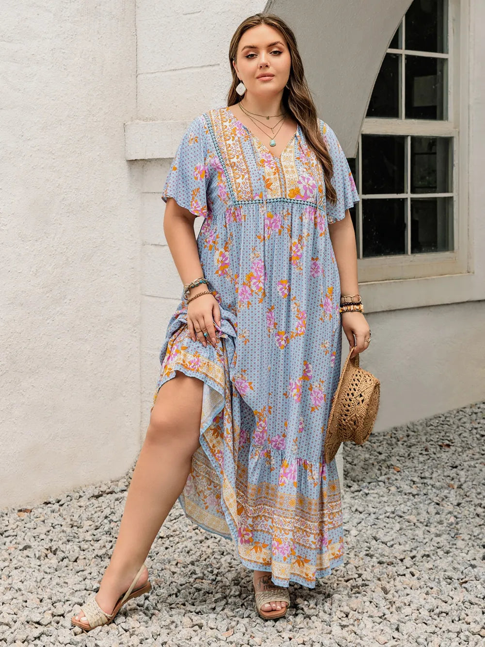 Plus Size Printed Tie Neck Flutter Sleeve Maxi Dress - LoveNest Treasures