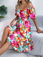 Ruffled Hem Smocked Floral Short Sleeve Midi Dress - LoveNest Treasures