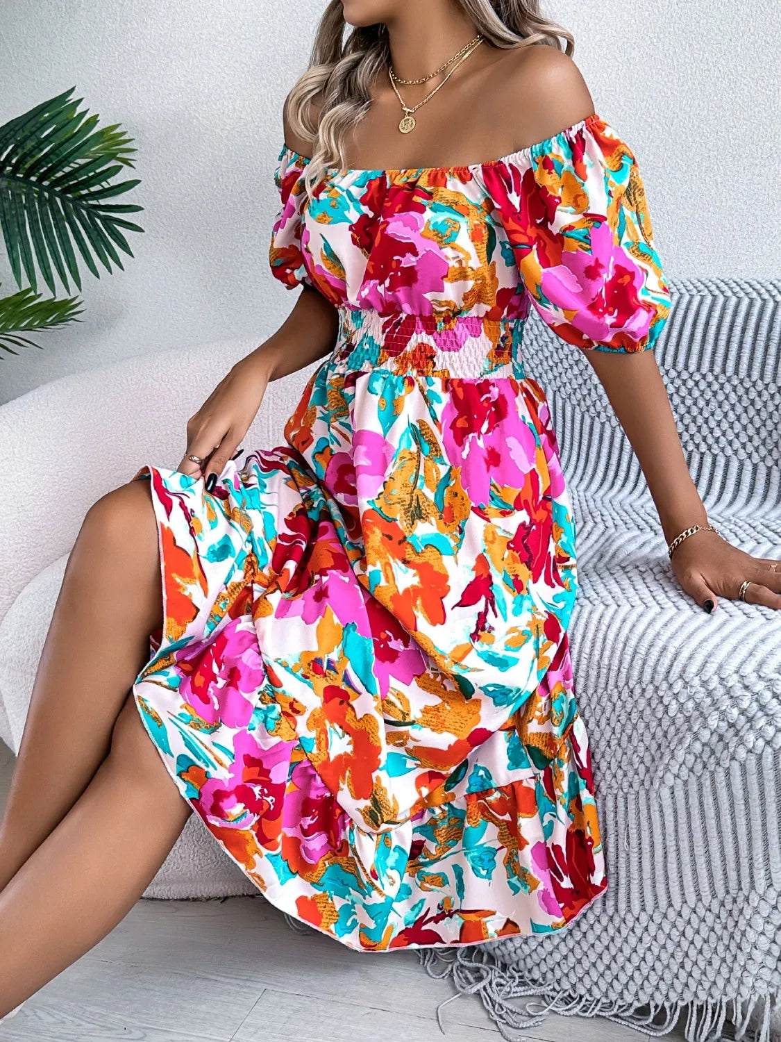 Ruffled Hem Smocked Floral Short Sleeve Midi Dress - LoveNest Treasures