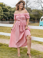 Plus Size Plaid Off-Shoulder Short Sleeve Midi Dress - LoveNest Treasures