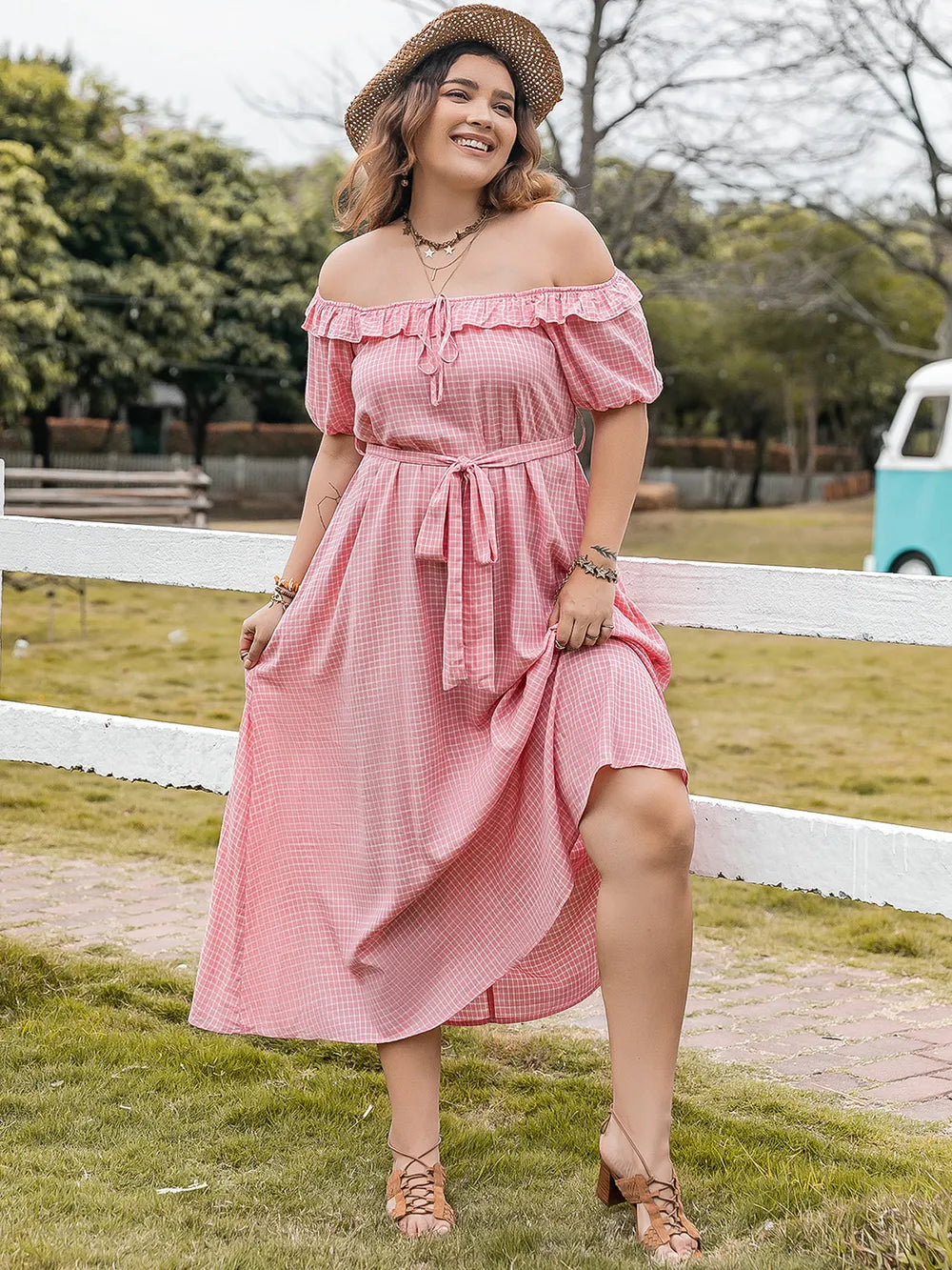 Plus Size Plaid Off-Shoulder Short Sleeve Midi Dress - LoveNest Treasures