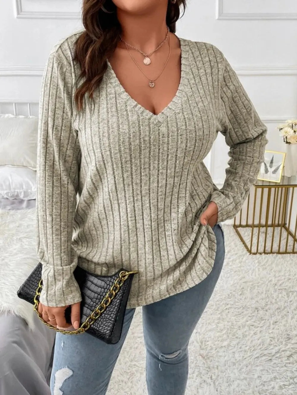 Plus Size V-Neck Long Sleeve T-Shirt - LoveNest Treasures