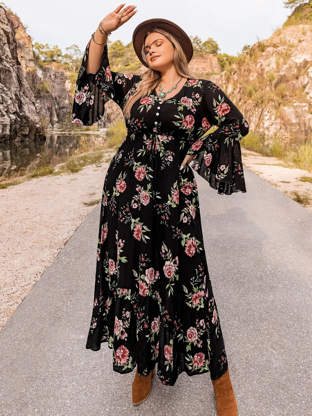 Plus Size Floral Flare Sleeve Dress - LoveNest Treasures