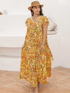 Plus Size Printed V-Neck Flutter Sleeve Tie Waist Maxi Dress - LoveNest Treasures