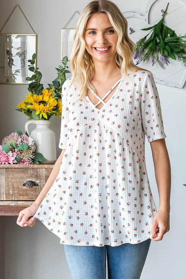 Heimish Full Size Crisscross Ditsy Floral Babydoll Top Plus Size - LoveNest Treasures